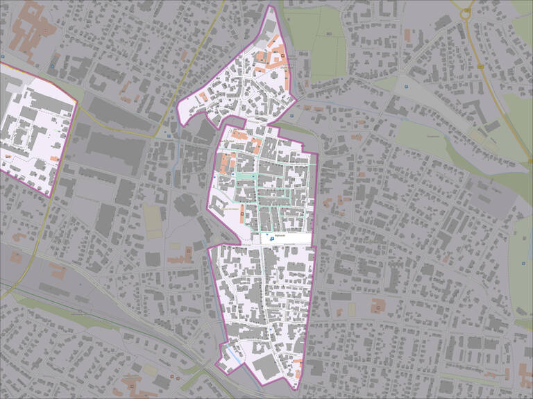 Eine detaillierte Karte zeigt ein städtisches Gebiet mit klar markierten Grenzen, die unterschiedliche Zonen oder Stadtteile darstellen.