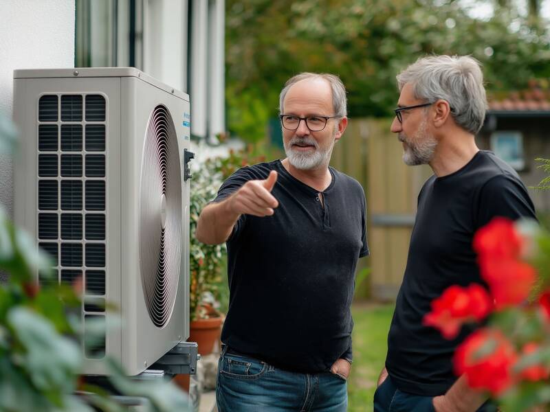 Zwei Männer stehen im Freien neben einer großen Wärmepumpe, während einer von ihnen gestikuliert.